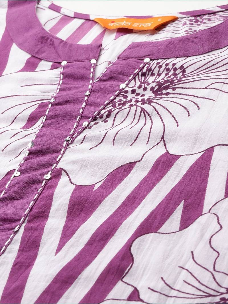 Women Floral Printed Regular Sequinned Pure Cotton Kurta with Trousers