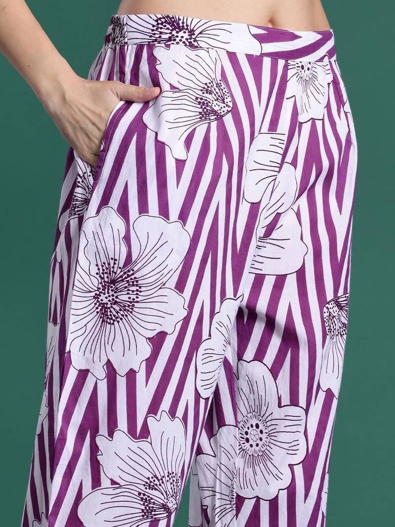 Women Floral Printed Regular Sequinned Pure Cotton Kurta with Trousers