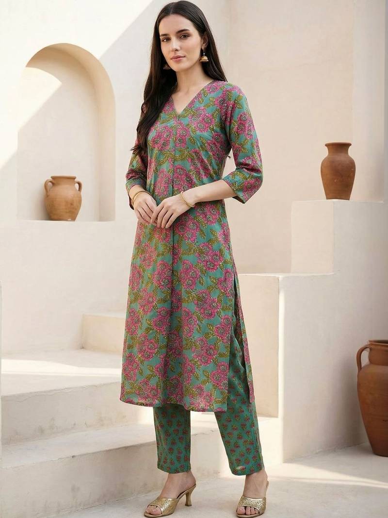 Women Floral Printed Regular Pure Cotton Kurta with Trousers