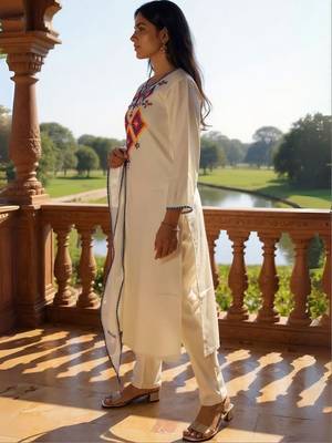 Women Embroidered Regular Thread Work Liva Kurta with Trousers & With Dupatta 4
