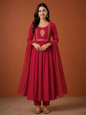 Embroidered Viscose Silk Flared Kurta Pant and Dupatta Set 1