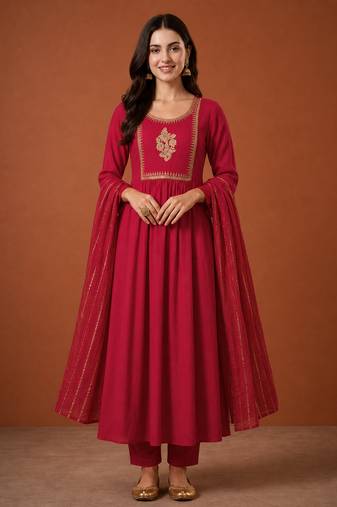 Embroidered Viscose Silk Flared Kurta Pant and Dupatta Set