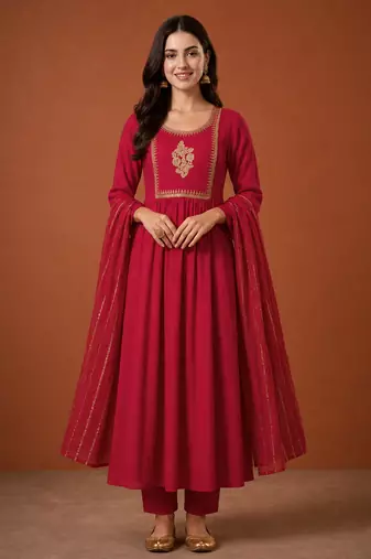 Embroidered Viscose Silk Flared Kurta Pant and Dupatta Set