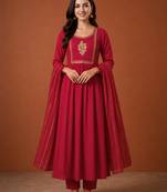 Embroidered Viscose Silk Flared Kurta Pant and Dupatta Set