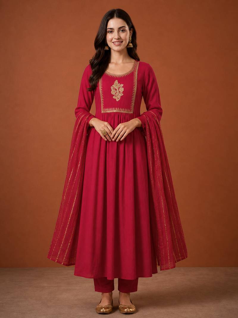 Embroidered Viscose Silk Flared Kurta Pant and Dupatta Set