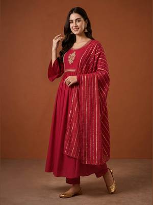 Embroidered Viscose Silk Flared Kurta Pant and Dupatta Set 3