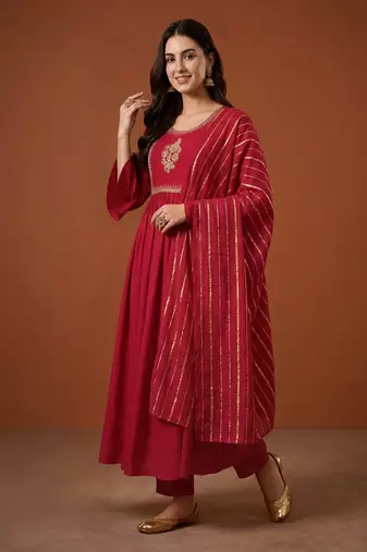 Embroidered Viscose Silk Flared Kurta Pant and Dupatta Set