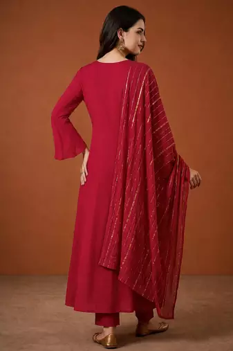 Embroidered Viscose Silk Flared Kurta Pant and Dupatta Set