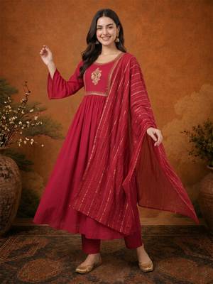 Embroidered Viscose Silk Flared Kurta Pant and Dupatta Set 5