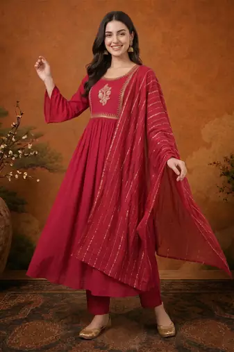 Embroidered Viscose Silk Flared Kurta Pant and Dupatta Set