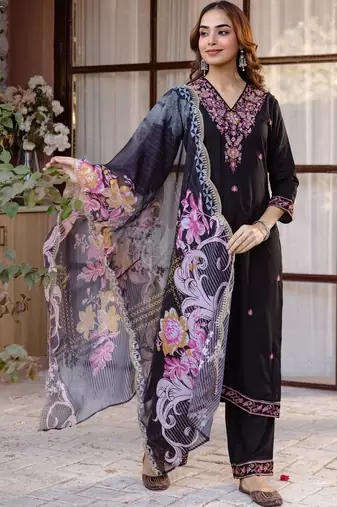Women Floral Embroidered Regular Thread Work Kurta with Palazzos & With Dupatta