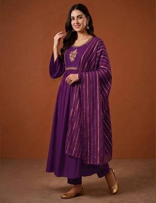 Embroidered Viscose Silk Flared Kurta Pant and Dupatta Set 1