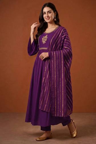 Embroidered Viscose Silk Flared Kurta Pant and Dupatta Set