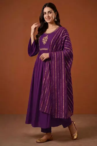 Embroidered Viscose Silk Flared Kurta Pant and Dupatta Set