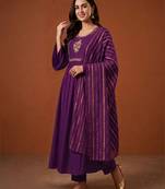 Embroidered Viscose Silk Flared Kurta Pant and Dupatta Set