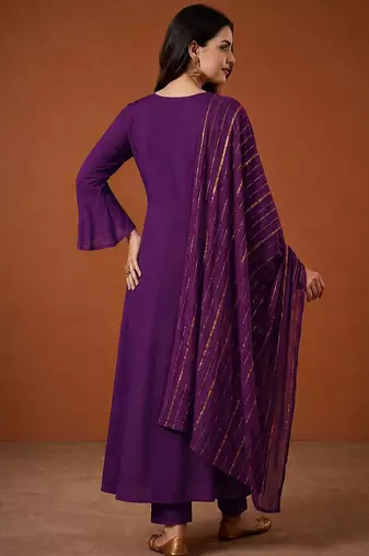 Embroidered Viscose Silk Flared Kurta Pant and Dupatta Set