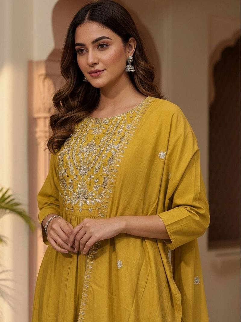 Women Ethnic Motifs Embroidered Regular Thread Work Kurta with Trousers & With Dupatta