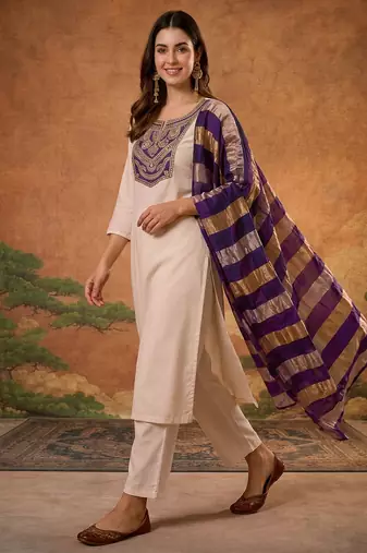 Women's Beautiful Embroidery Work Simar Fabric Straight Kurta Pant and Dupatta Set