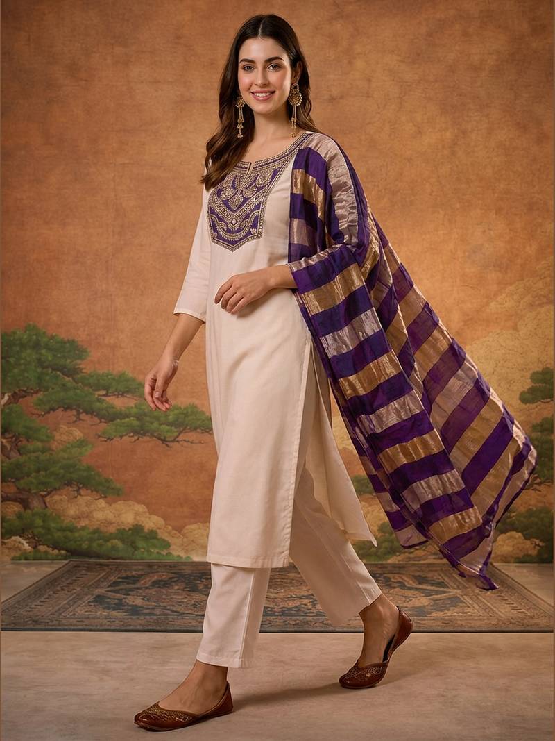 Women's Beautiful Embroidery Work Simar Fabric Straight Kurta Pant and Dupatta Set