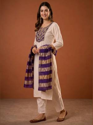 Women's Beautiful Embroidery Work Simar Fabric Straight Kurta Pant and Dupatta Set 4