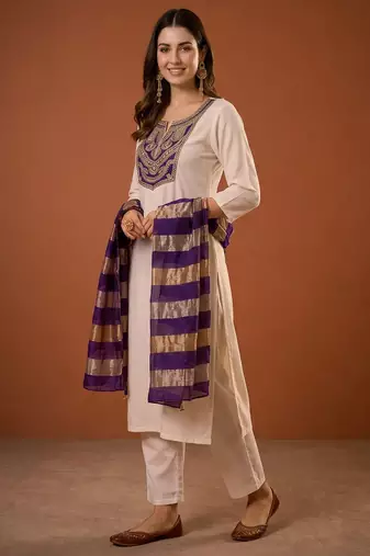 Women's Beautiful Embroidery Work Simar Fabric Straight Kurta Pant and Dupatta Set