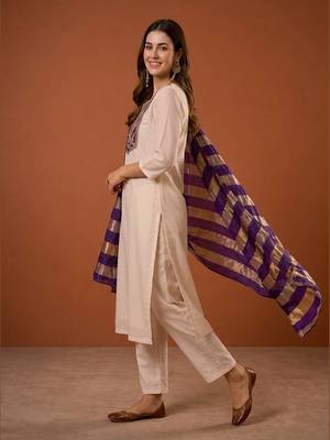 Women's Beautiful Embroidery Work Simar Fabric Straight Kurta Pant and Dupatta Set 5