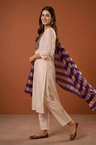 Women's Beautiful Embroidery Work Simar Fabric Straight Kurta Pant and Dupatta Set