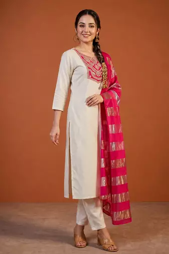 Embroidered Simar Straight Kurta Pant and Dupatta Set