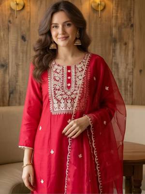 Women Ethnic Motifs Embroidered Regular Thread Work Kurta with Trousers & With Dupatta 1