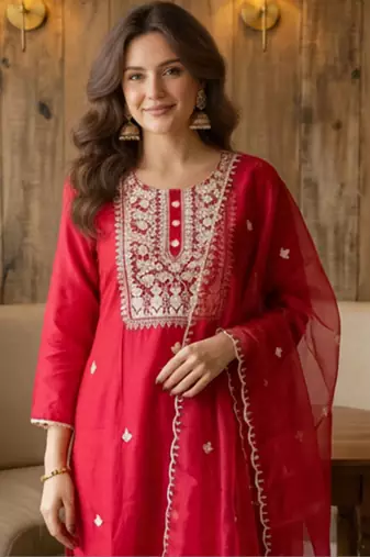 Women Ethnic Motifs Embroidered Regular Thread Work Kurta with Trousers & With Dupatta