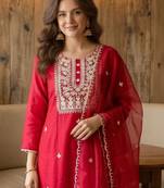 Women Ethnic Motifs Embroidered Regular Thread Work Kurta with Trousers & With Dupatta
