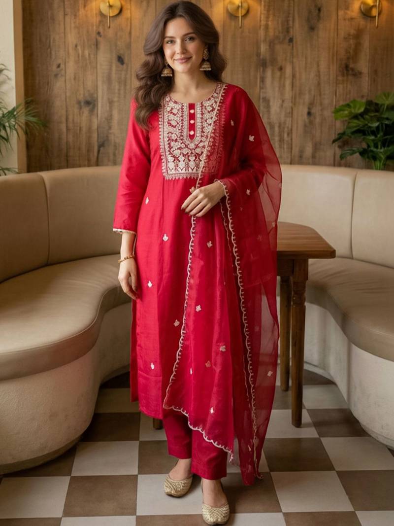 Women Ethnic Motifs Embroidered Regular Thread Work Kurta with Trousers & With Dupatta