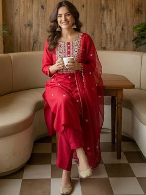 Women Ethnic Motifs Embroidered Regular Thread Work Kurta with Trousers & With Dupatta 5