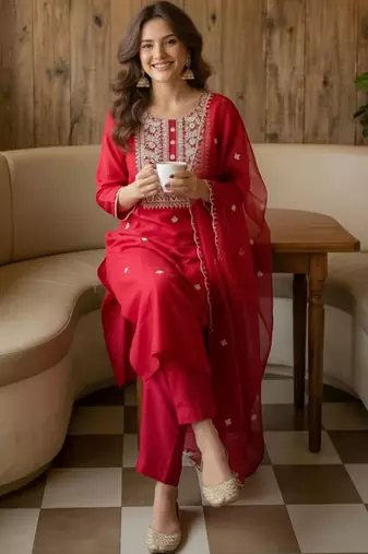 Women Ethnic Motifs Embroidered Regular Thread Work Kurta with Trousers & With Dupatta