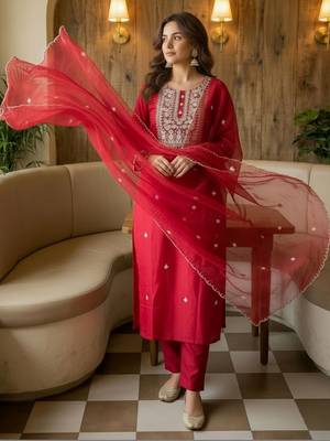 Women Ethnic Motifs Embroidered Regular Thread Work Kurta with Trousers & With Dupatta 6