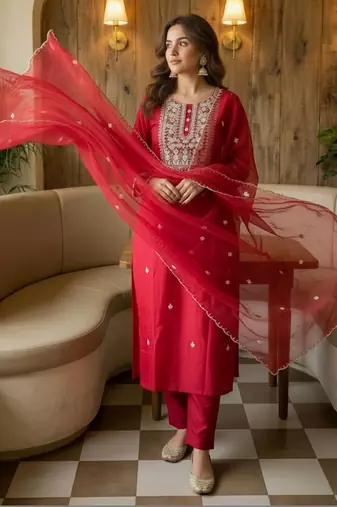 Women Ethnic Motifs Embroidered Regular Thread Work Kurta with Trousers & With Dupatta