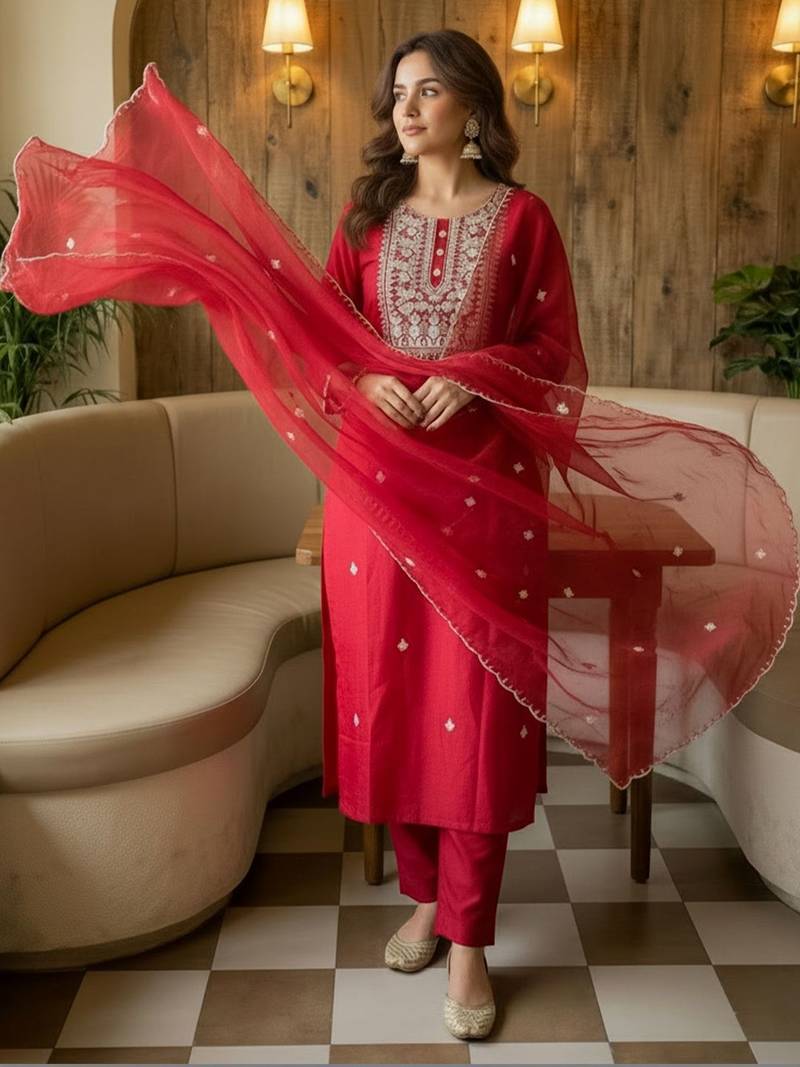 Women Ethnic Motifs Embroidered Regular Thread Work Kurta with Trousers & With Dupatta