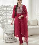 Ethnic Motifs Embroidered Regular Thread Work Kurta with Trousers & With Dupatta