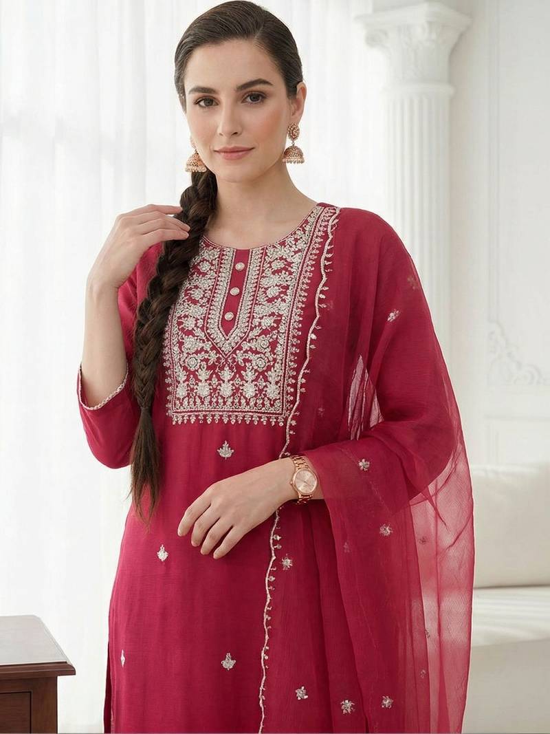 Ethnic Motifs Embroidered Regular Thread Work Kurta with Trousers & With Dupatta