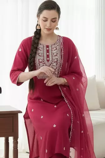 Ethnic Motifs Embroidered Regular Thread Work Kurta with Trousers & With Dupatta