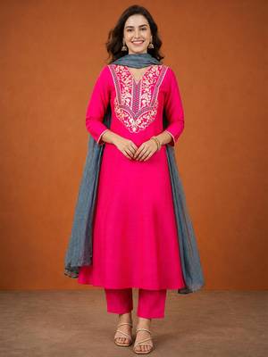Embroidered Gold Silk Flared Anarkali Pant and Dupatta Set 1