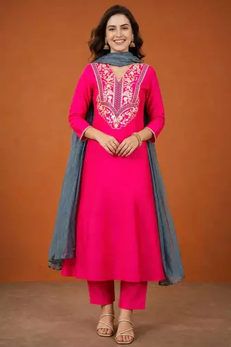 Embroidered Gold Silk Flared Anarkali Pant and Dupatta Set