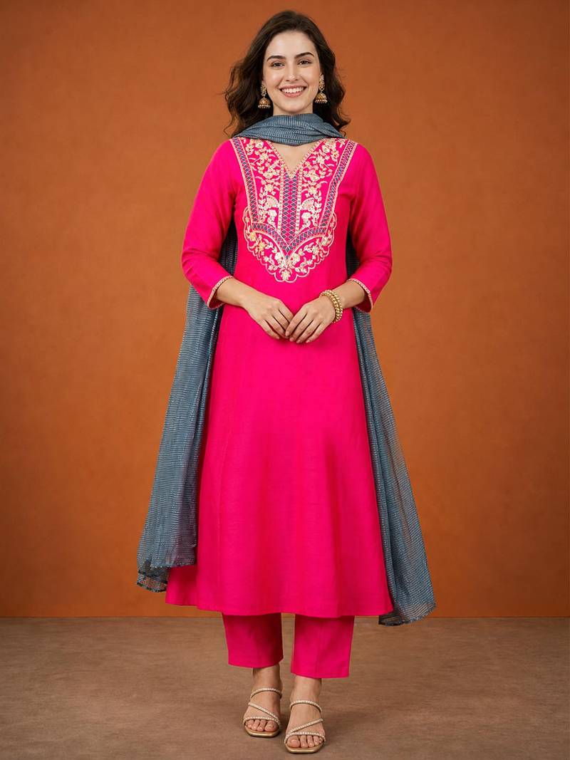 Embroidered Gold Silk Flared Anarkali Pant and Dupatta Set