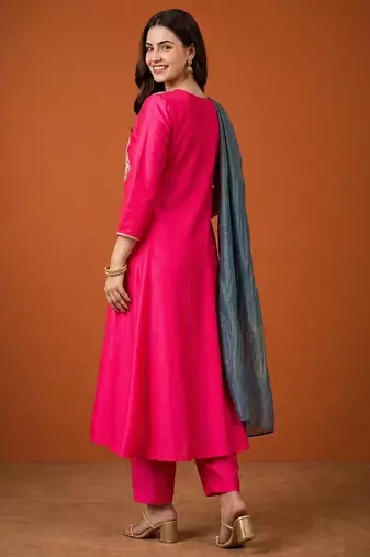Embroidered Gold Silk Flared Anarkali Pant and Dupatta Set