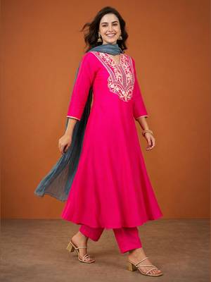 Embroidered Gold Silk Flared Anarkali Pant and Dupatta Set 5