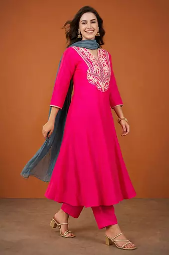 Embroidered Gold Silk Flared Anarkali Pant and Dupatta Set