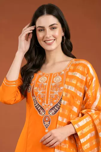 Embroidered Viscose Silk Flared Anarkali Pant and Dupatta Set