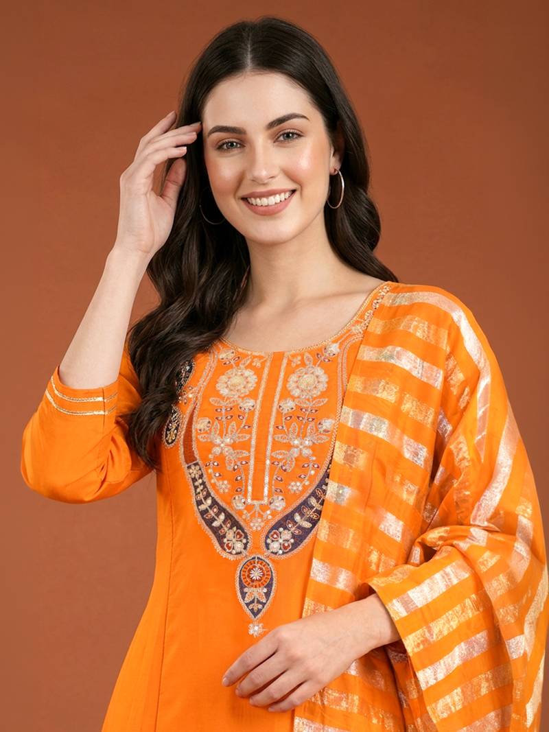 Embroidered Viscose Silk Flared Anarkali Pant and Dupatta Set