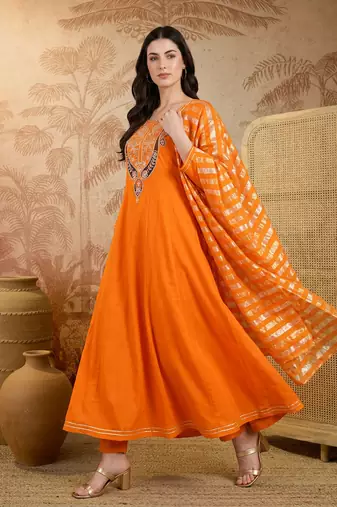 Embroidered Viscose Silk Flared Anarkali Pant and Dupatta Set