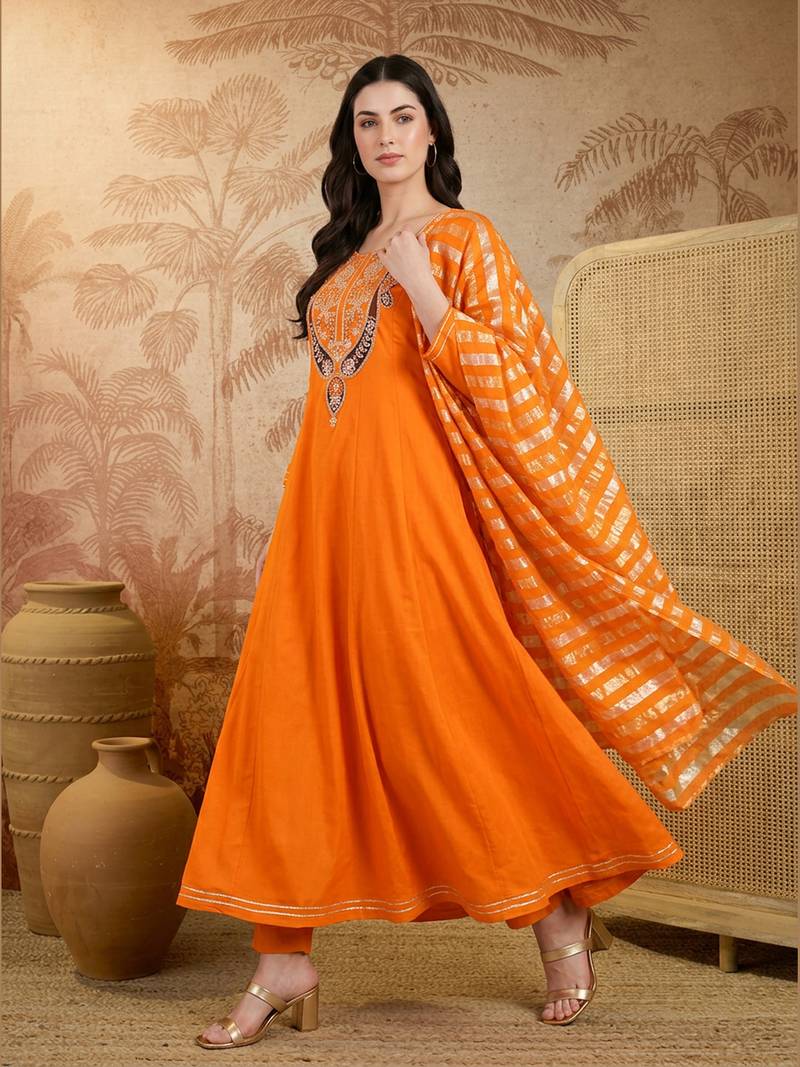 Embroidered Viscose Silk Flared Anarkali Pant and Dupatta Set